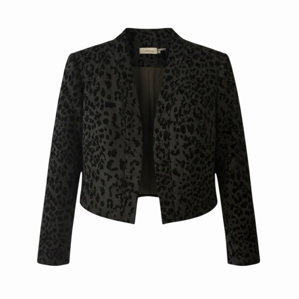 Calvin Klein NWT Black Flocked Leopard Print Cropped Open Front Jacket Blazer L